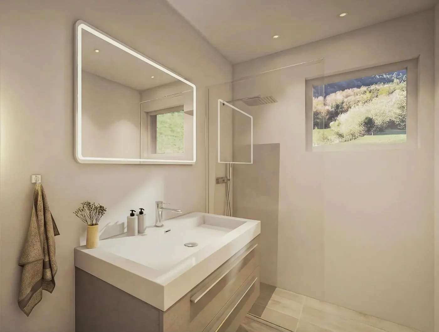 Badezimmer mit Waschtisch und Spiegelschrank